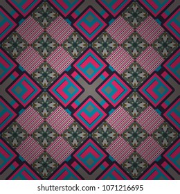 Vector seamless pattern in blue, pink and gray colors. Abstract brushed squares textured background.