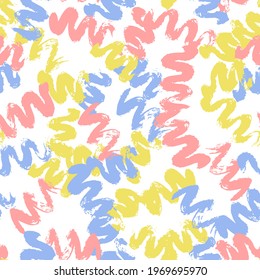 Vector seamless pattern with blue, pink and yellow wave brush stroke on white background for print, wallpaper, wrapping paper, notebooks, textile, illustration, pillow
