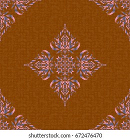 Vector seamless pattern with blue, pink and brown vintage ornaments.