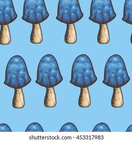 vector seamless pattern with blue poison mushrooms on blue background