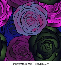 Vector seamless pattern in blue, purple and violet colors. Watercolor floral image with blue, purple and violet rose flowers.