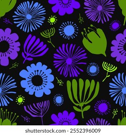 Vector seamless pattern with blue and purple flowers in collage technique on a black background
