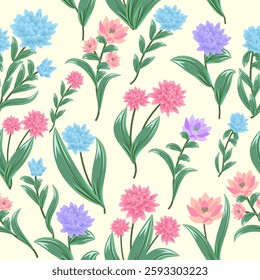Vector seamless pattern with blue, purple and pink flowers, jungle background. Botanical art illustration for wallpaper, wall decoration, fabric, textile, cards.