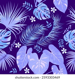 Vector seamless pattern with blue, purple flowers and leaves, jungle background. Botanical art illustration for wallpaper, wall decoration, fabric, textile, cards.