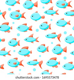 Vector seamless pattern with blue and red fish of different shapes. Sea animals. Marine life. Bright background with sea creatures