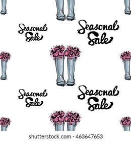Vector seamless pattern with blue rubber flowers boots and seasonal sale lettering. Background for decoration seasonal celebration, greeting card and banner. Hand drawn symbols on white backdrop.