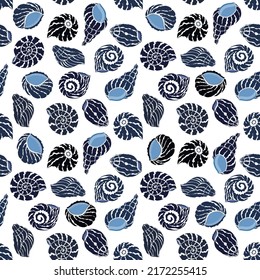Vector seamless pattern with blue seashell, illustration abstract shellfish drawing on white background for fashion fabric textiles printing, wallpaper and paper wrapping