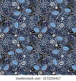 Vector seamless pattern with blue seashell, illustration abstract shellfish drawing on black background for fashion fabric textiles printing, wallpaper and paper wrapping