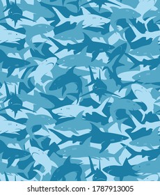 Vector Seamless Pattern with blue sharks. Danger shark.