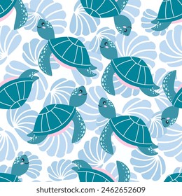 Vector seamless pattern with blue shells and sea turtles in a hand-drawn style. Marine motifs for your design