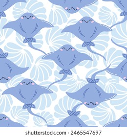 Vector seamless pattern with blue shells and sea rays, hand-drawn. Marine motifs for your design