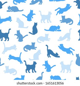 Vector seamless pattern with blue silhouettes of cats on a white background: cat eats, sleeps, sits, washes, jumps, plays. For design of covers, books, packaging, print on wallpaper, textiles