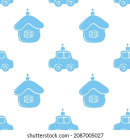 Vector seamless pattern with blue silhouettes glass toys, decorations in form of car and house for xmas tree, flat style. Festive backgrounds and textures for Christmas New Year design