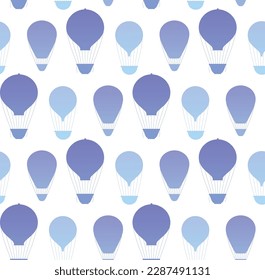 Vector seamless pattern with blue silhouettes of hot air balloons on a white background. Texture with vintage aerial flight aids. Background for fabrics and wallpapers