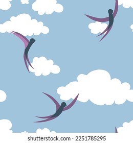 Vector seamless pattern with blue sky, clouds and swallows