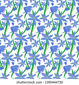 Vector seamless pattern with blue snowdrop flowers on a white background. Spring flowers. Colorful background for textile, paper, wallpaper. Vector illustration with snowdrops