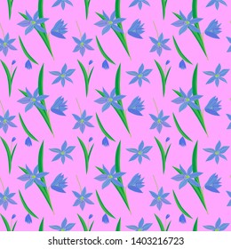 Vector seamless pattern with blue snowdrop flowers. Spring flowers. Colorful background for textile, paper, wallpaper. Vector illustration with snowdrops