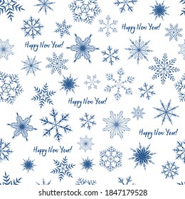Vector seamless pattern of blue snowflakes on a white background. Winter illustration for decorating fabrics, textiles, paper, printing, clothing, invitations, gifts, etc.