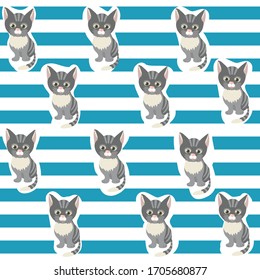 Vector of seamless pattern with blue stripes and cute gray kitten