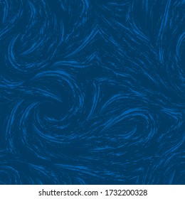 Vector seamless pattern of blue swirl or waves texture of the sea or ocean.Waves with splashes and flow on a dark blue background.Print for clothes or wrapping paper.