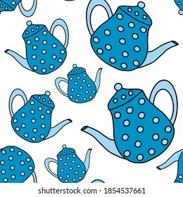 Vector seamless pattern of blue teapots in the style of doodles. Kitchen assistants. Isolated on a white background, stock illustrations.