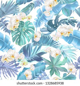 Vector seamless pattern with blue tropical leaves and orchid flowers on white. Exotic botanical background design for cosmetics, spa, textile, hawaiian shirt. Best as wrapping paper, wallpaper