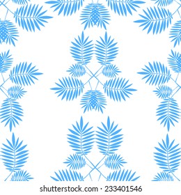 Vector seamless pattern with  blue tropical leaves on white background. Seamless decorative template texture with leaves. Endless leaf background. 