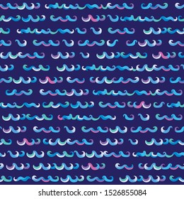 Vector seamless pattern of blue, turquoise and purple ocean waves on a dark indigo background. Wallpaper nautical print, sea web page fill, oriental chinoiserie wrapping paper