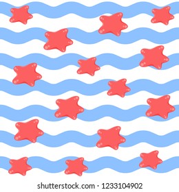 Vector seamless pattern with blue vawes and red starfish. Summer bright colorful pattern