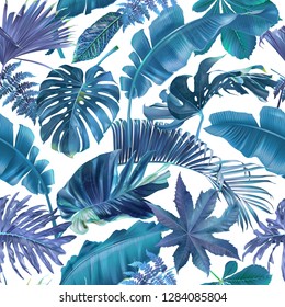 Vector seamless pattern with blue and violet tropical leaves on white background. Exotic botanical background design for cosmetics, spa, textile, hawaiian shirt. Best as wrapping paper, wallpaper