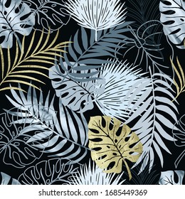 Vector seamless pattern blue watercolor and gold texture palm exotics and monstera leaves. Vector illustration on black. Colored endless background.
