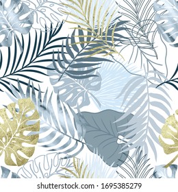 Vector seamless pattern blue watercolor and gold texture palm exotics and monstera leaves. Vector modern illustration. Colored endless background.