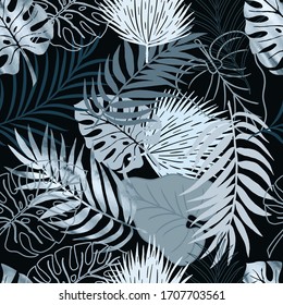Vector seamless pattern blue watercolor palm exotics and monstera leaves on black. Vector illustration. Colored endless background.