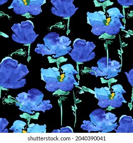 Vector seamless pattern of blue watercolor flowers-Pansies. Hand-drawn. Botanical pattern. Design for posters, postcards, textiles, fabrics, prints, decor, paper, packaging.