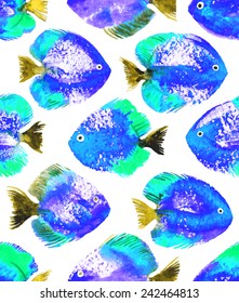 Vector seamless pattern with blue watercolor discus fish