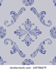 Vector seamless pattern with  blue watercolor decorative elements on light grey background