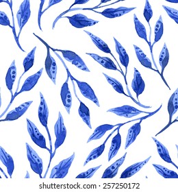 Vector seamless pattern with blue watercolor stylized leaves