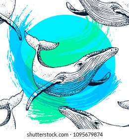 Vector seamless pattern blue whale illustration with paint splash, ink sketch with big swimming mammal. Isolated whale swimming in the ocean. Hand drawn illustration, abstract style with watercolour.
