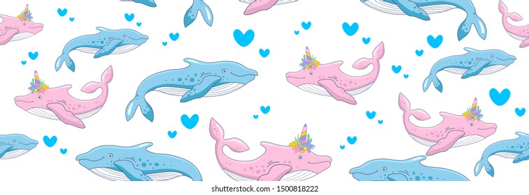 Vector Seamless Pattern With blue Whale Cute Cartoon Whale Narwhal Drawing  Unicorn on a white background seamless pattern killer whale and humpback whale children print.