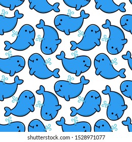 Vector seamless pattern with blue whales on white background for kids. Design for fabric, textile, decor.