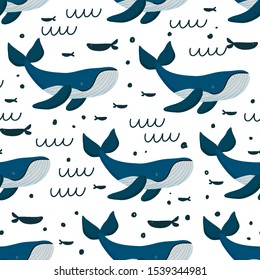 Vector seamless pattern with blue whales. Pattern with whales. Undersea world. Marine life.