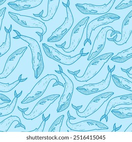Vector seamless pattern with blue whales on blue background for typography, design, textiles