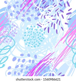 Vector seamless pattern. Blue and white winter abstract background with dots, spirals, strokes. Texture for wrapping paper, apparel, linen, souvenirs, textile.