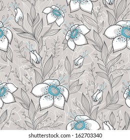 Vector seamless pattern with blue and white flowers