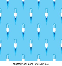 Vector seamless pattern of blue and white capsule pill rockets rising vertically isolated on blue background, illustrarion serface, Creative graphics, Health, Pharmaceutical, Medical medicine concept.