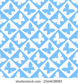 Vector seamless pattern with blue and white butterfly silhouettes on light blue background. Checkered geometric design.