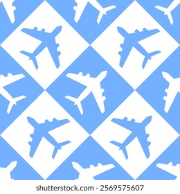 Vector seamless pattern with blue and white airplanes silhouettes on blue background. Checkered geometric design.