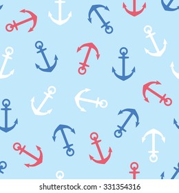 vector seamless pattern with blue, white and red anchors