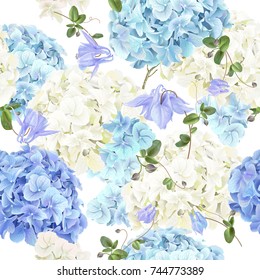 Vector seamless pattern with blue and white hydrangea flowers on white background. Floral background design for cosmetics, perfume, beauty products. Can be used for greeting card, wedding invitation