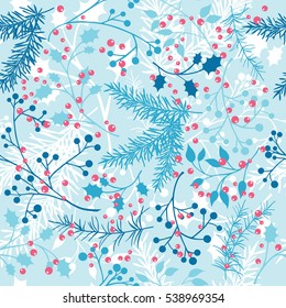 Vector seamless pattern with blue winter plants. Gentle, winter christmas, floral background.